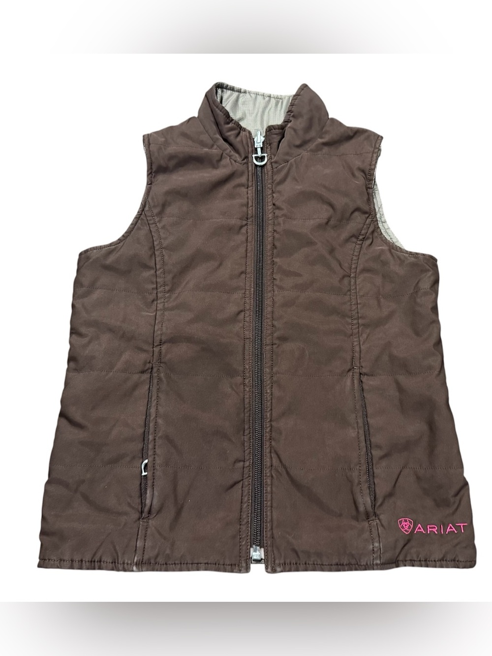 Ariat Reversible Quilted Vest Brown Gingham Girl’s Size 8 Small